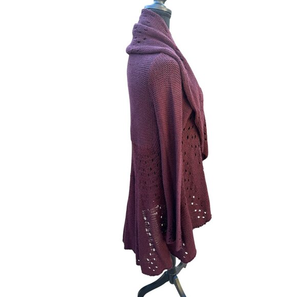 Alpaca Connection Knitted Crochet Burgundy Open Front Cardigan Sweater Eyelet L - Picture 3 of 8